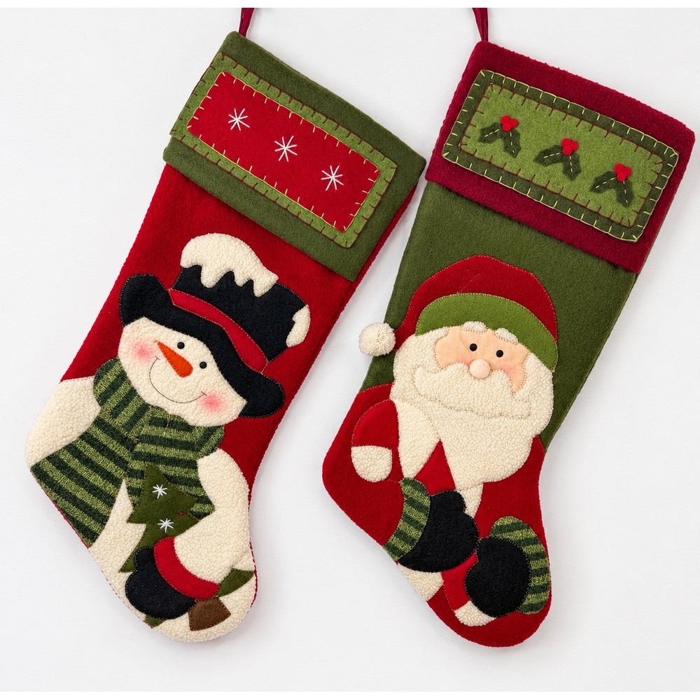 Set of 2 Christmas Stockings Santa Claus and Snowman Felt Applique VTG Kohls 20"